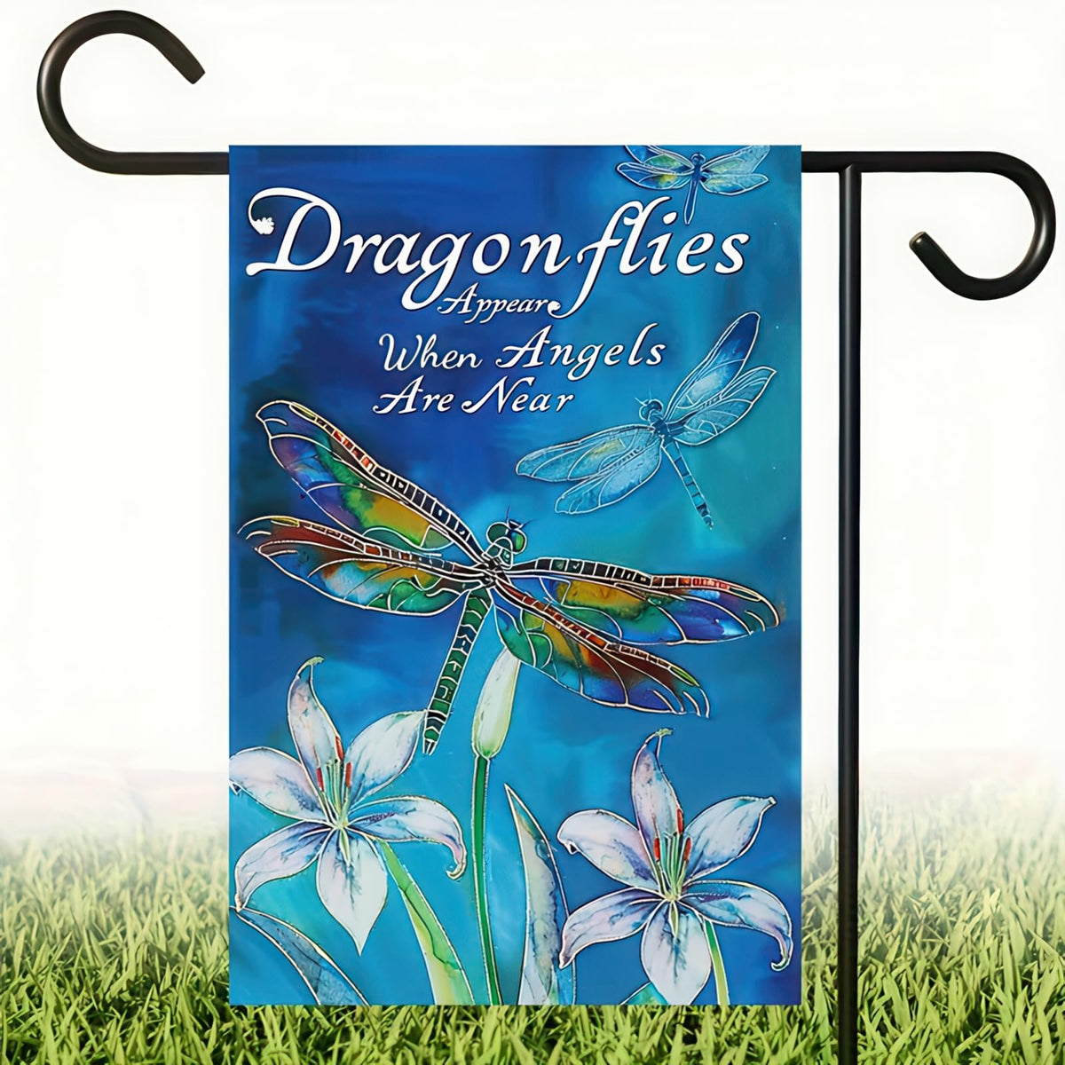 HOMETITUTE dragonfly garden flag 12x18 with floral artwork greets guests on a porch.