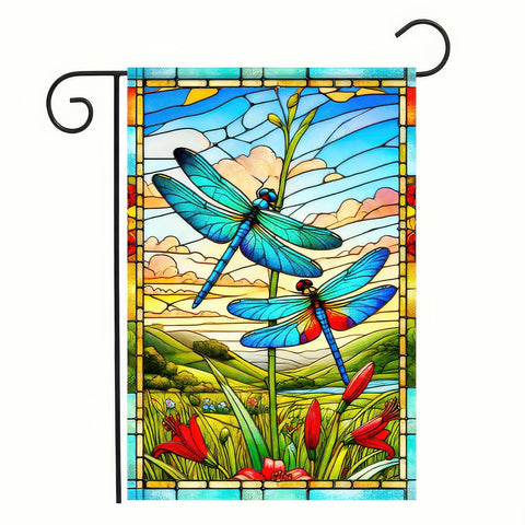 HOMETITUTE dragonfly stained glass flag adds vibrant spring color to your garden entry.