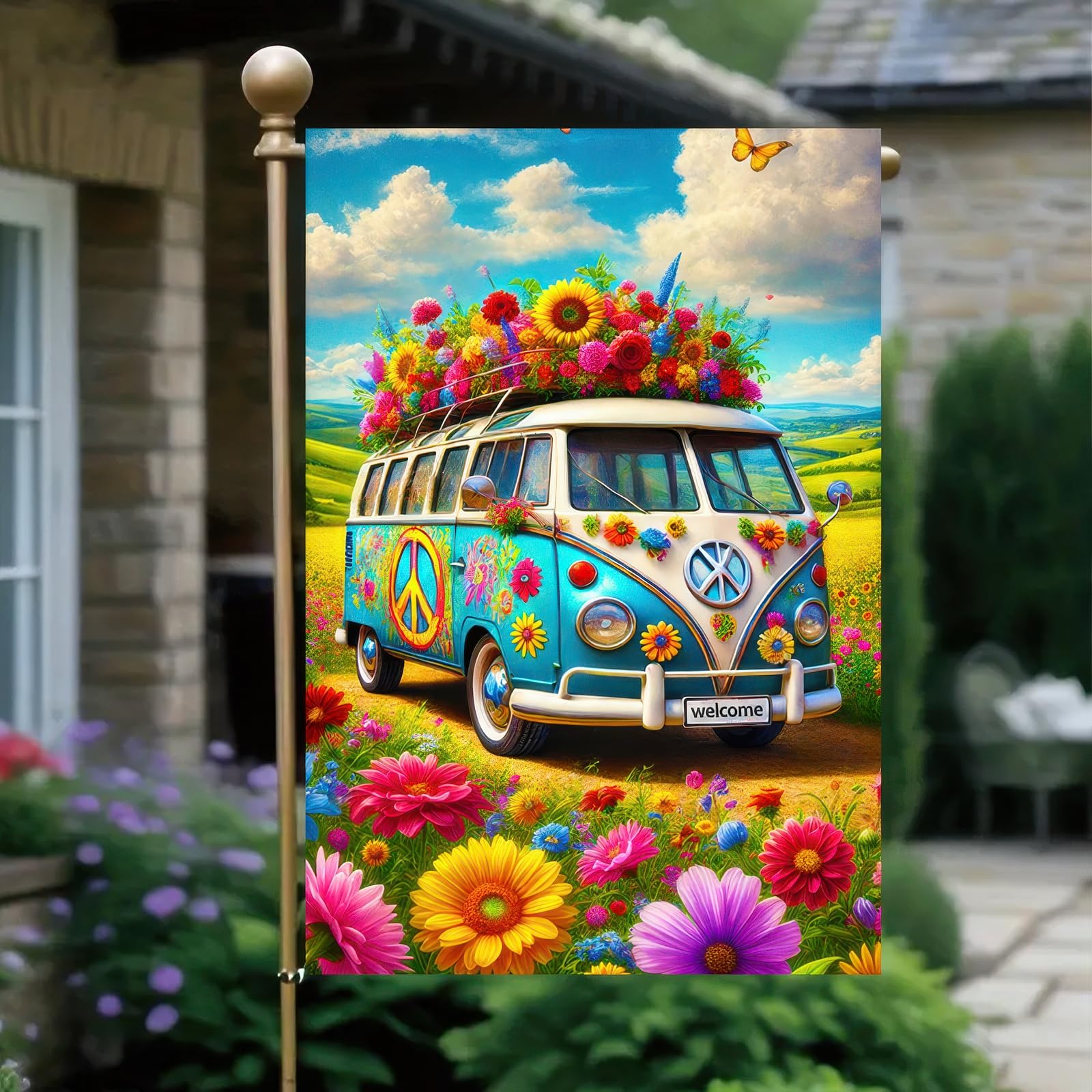 HOMETITUTE floral bus flag with butterflies adds color to garden