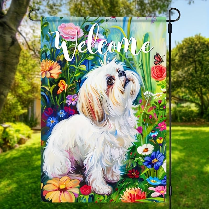 HOMETITUTE Floral butterfly Shih Tzu art flag brightens gardens.