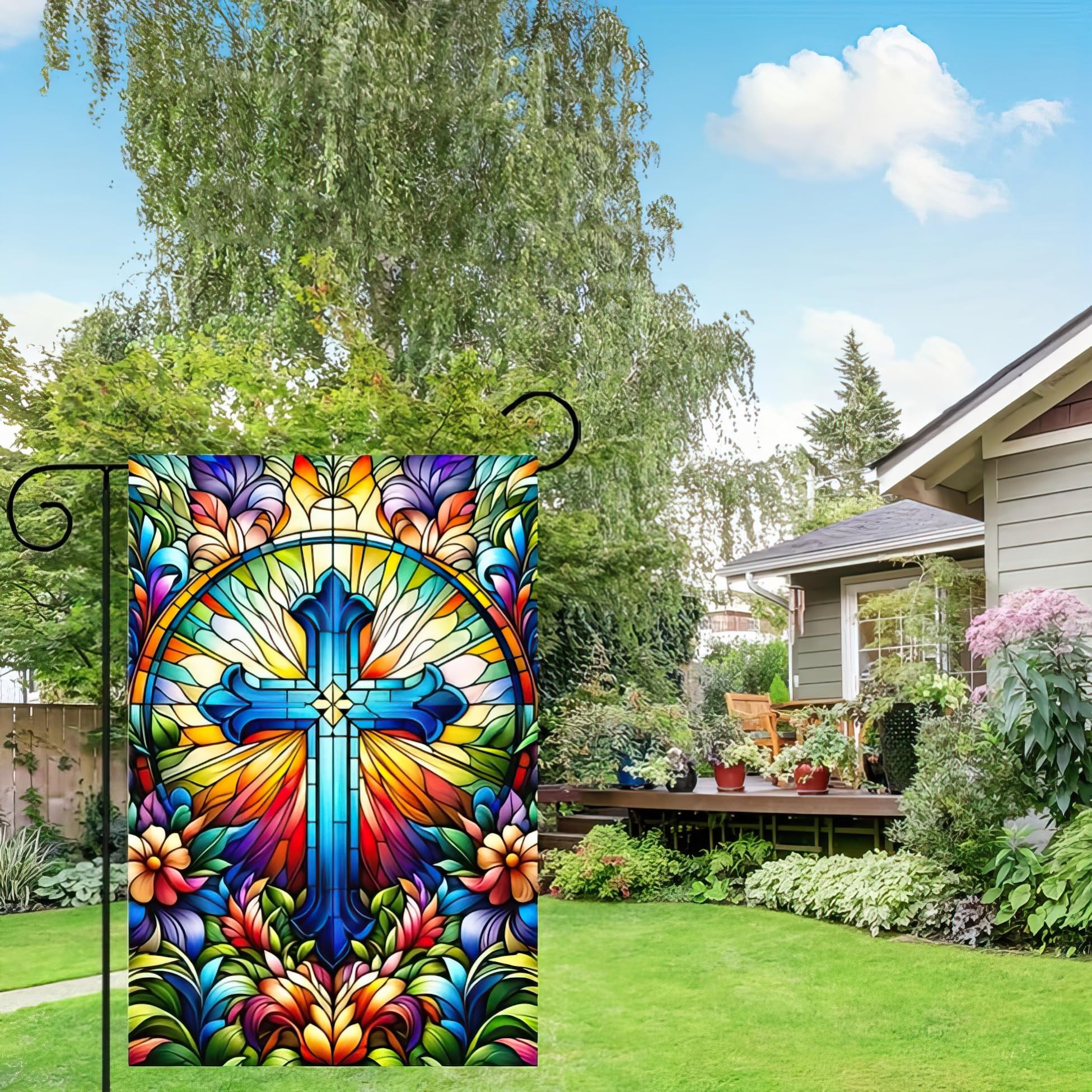 HOMETITUTE Floral Cross Flag Detailed Art brings intricate design to outdoor spaces.