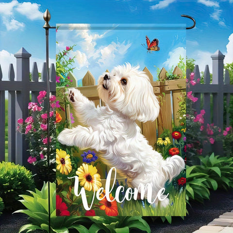 HOMETITUTE Floral Maltese dog flag ideal for yard decoration and seasonal cheer.