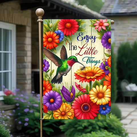 HOMETITUTE flag with welcome message brightens outdoor spaces for guests