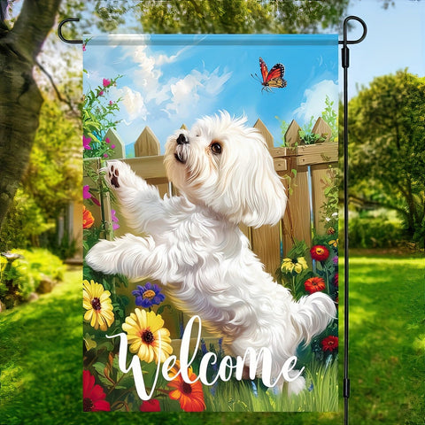 HOMETITUTE Maltese dog flag close-up showing vibrant colors and playful design.