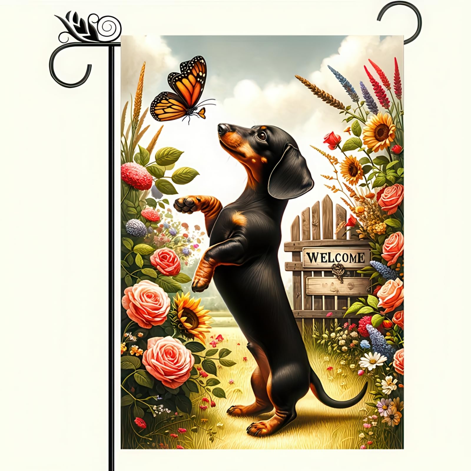 HOMETITUTE Spring Dachshund Flag with blooming flowers welcomes guests to your garden.