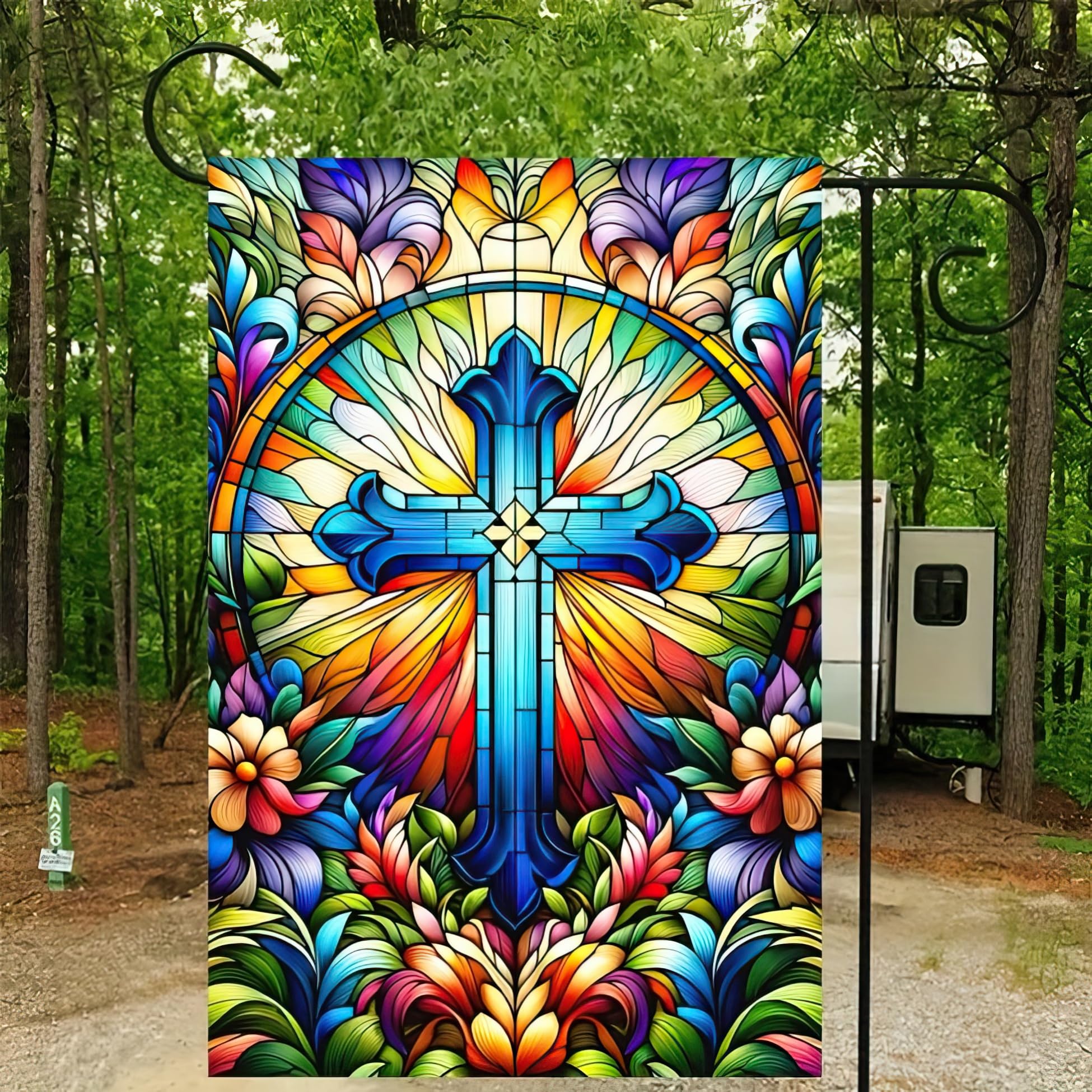 HOMETITUTE Spring Garden Flag stained glass elevates outdoor spaces with vibrant spring charm.