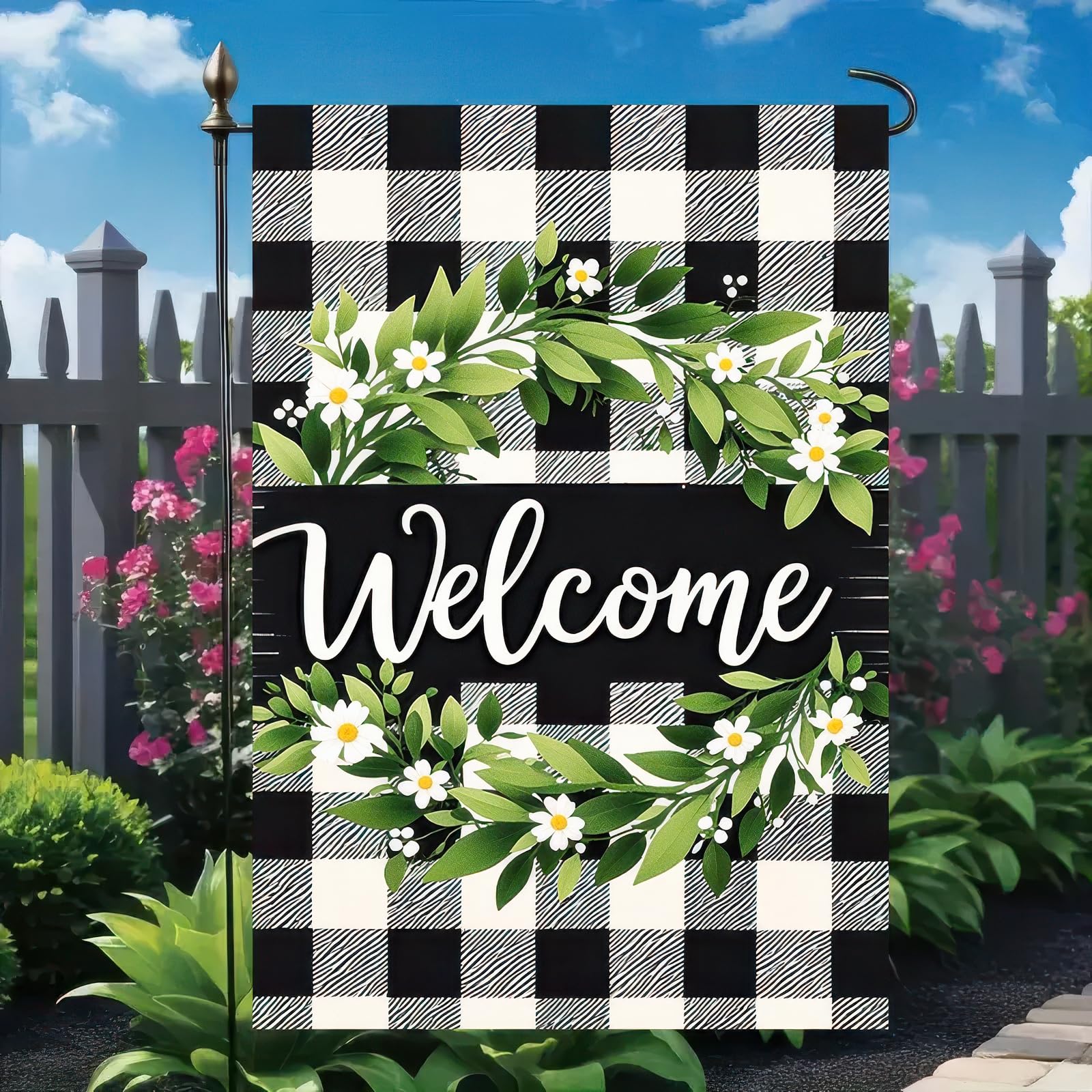 HOMETITUTE spring garden welcome flag features green wreath on plaid background.