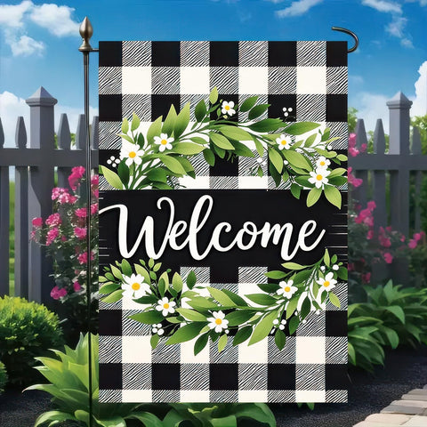 HOMETITUTE spring garden welcome flag features green wreath on plaid background.
