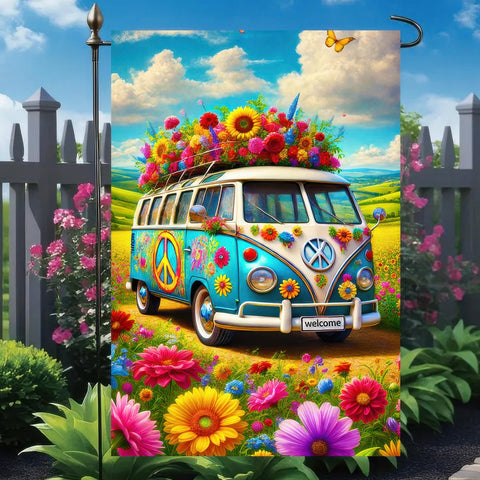 HOMETITUTE spring-summer welcome flag creates a cheerful yard scene