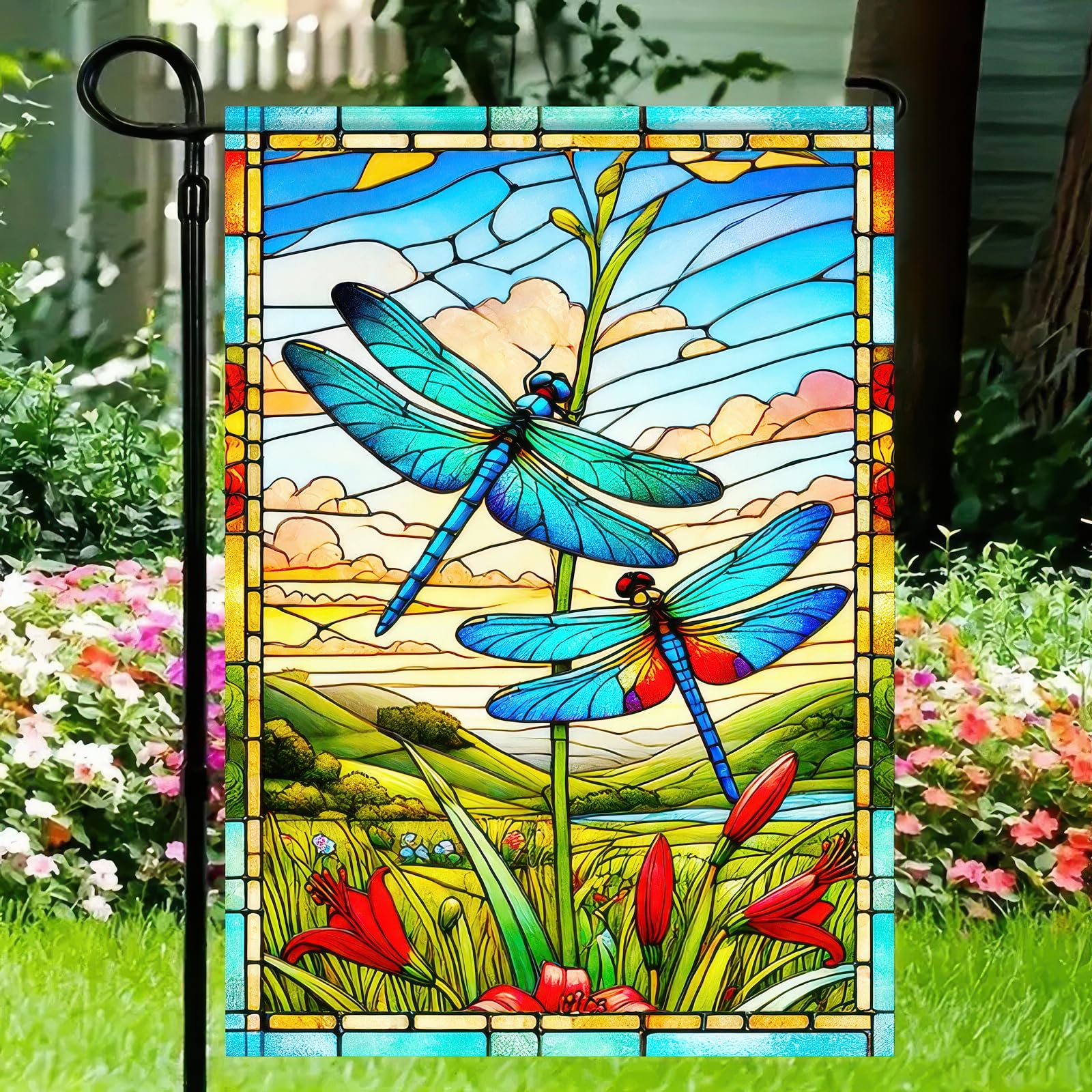 HOMETITUTE stained glass leaves and dragonflies flag brightens a porch or patio.