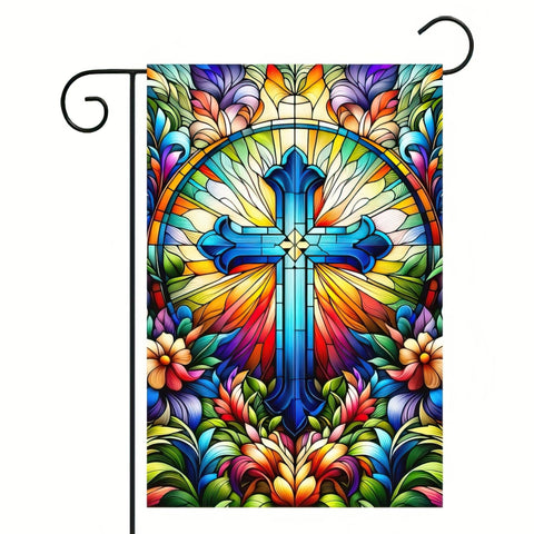 HOMETITUTE Welcome Garden Flag crosses stained glass design greets guests at the entry.