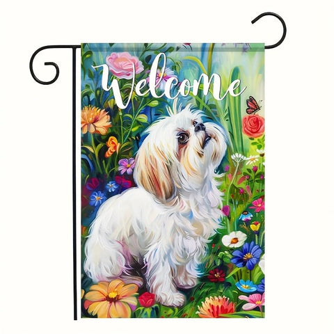 HOMETITUTE Welcome Garden Flag featuring a Shih Tzu puppy with floral butterflies for porch decor.
