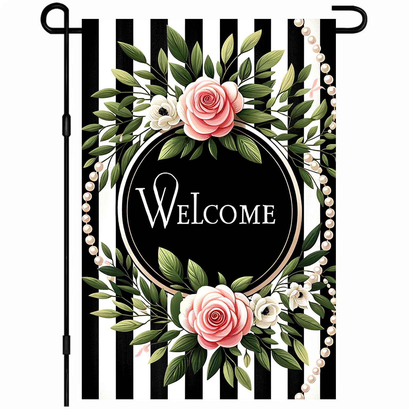 HOMETITUTE Welcome Garden Flag with pink roses for a bright porch greeting
