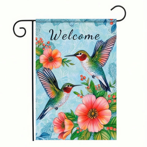 HOMETITUTE Welcome Hummingbird Flag greets guests with bright yard color.