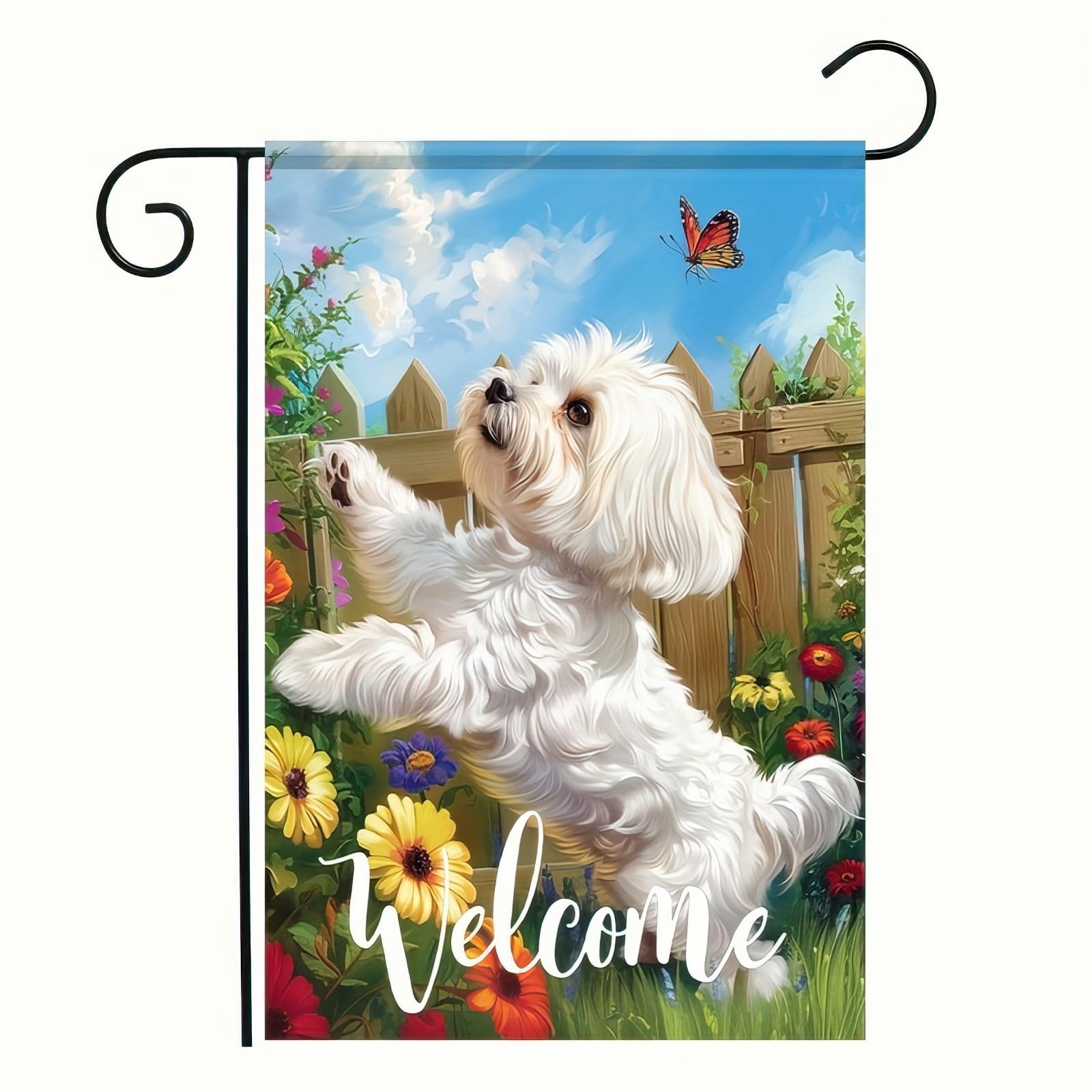 HOMETITUTE Maltese dog garden flag with spring flowers and butterfly for welcoming outdoor spaces.