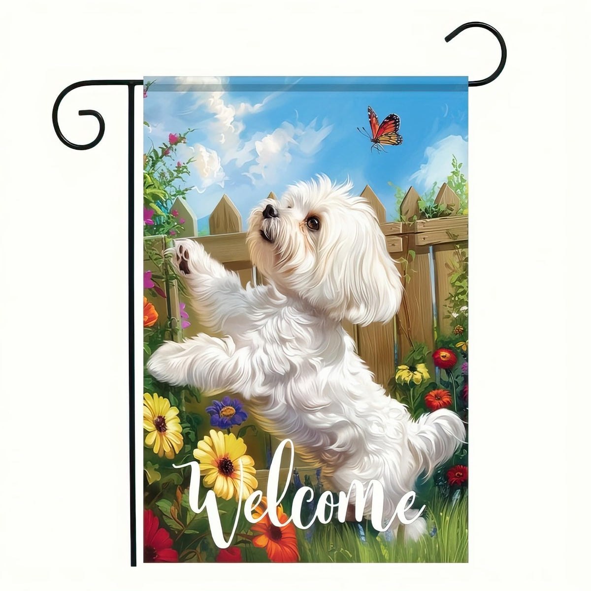 HOMETITUTE Maltese dog garden flag with spring flowers and butterfly for welcoming outdoor spaces.