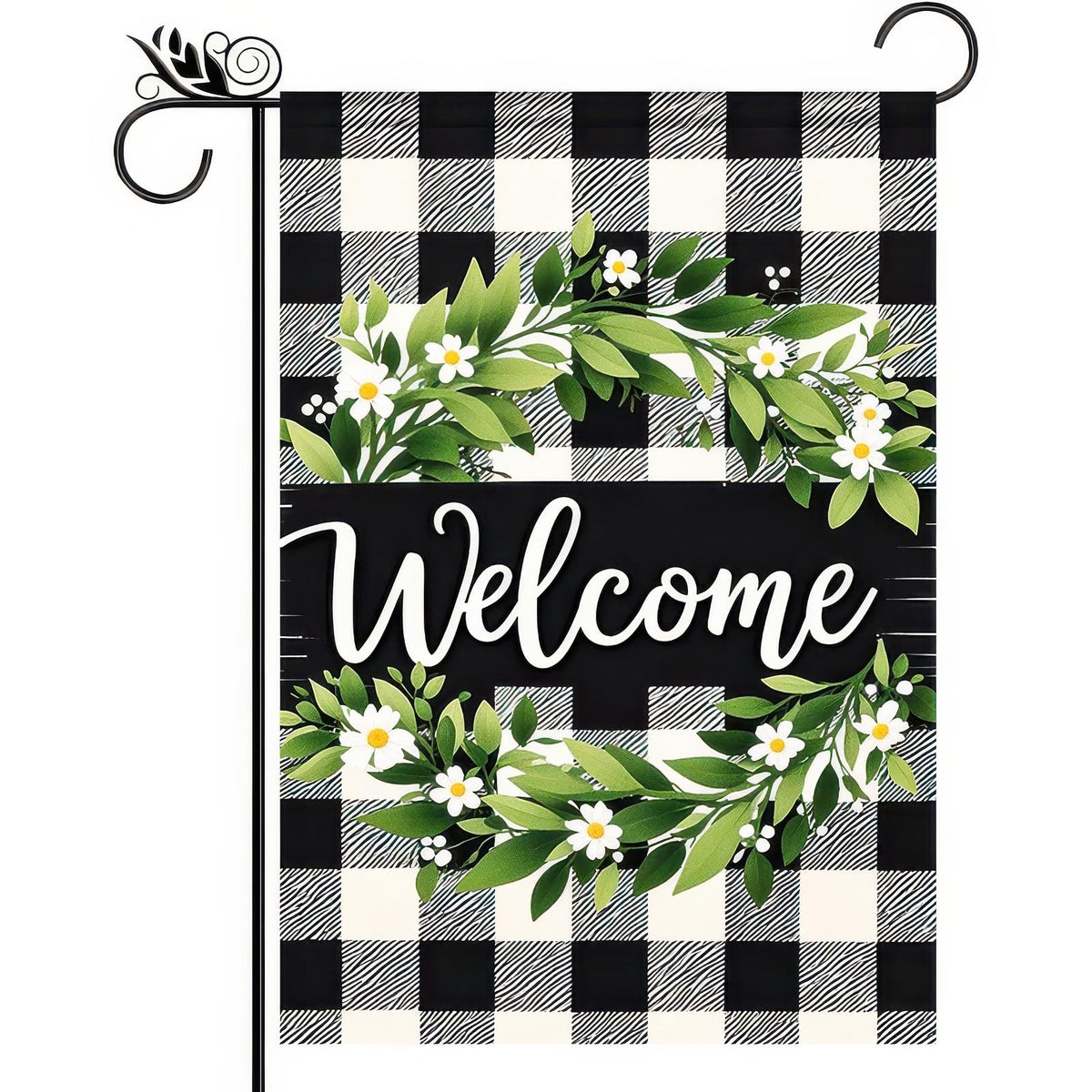 HOMETITUTE wreath welcome flag with double-sided print for clear outdoor viewing.