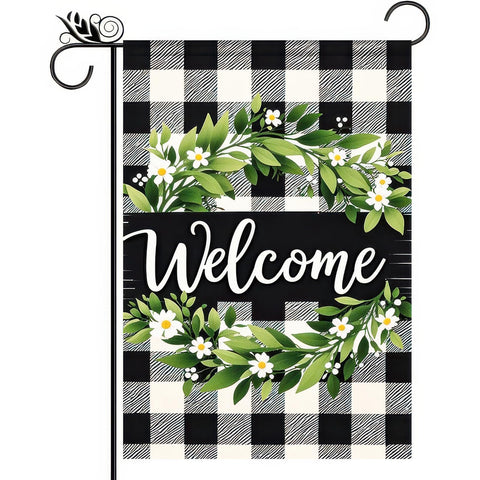 HOMETITUTE wreath welcome flag with double-sided print for clear outdoor viewing.