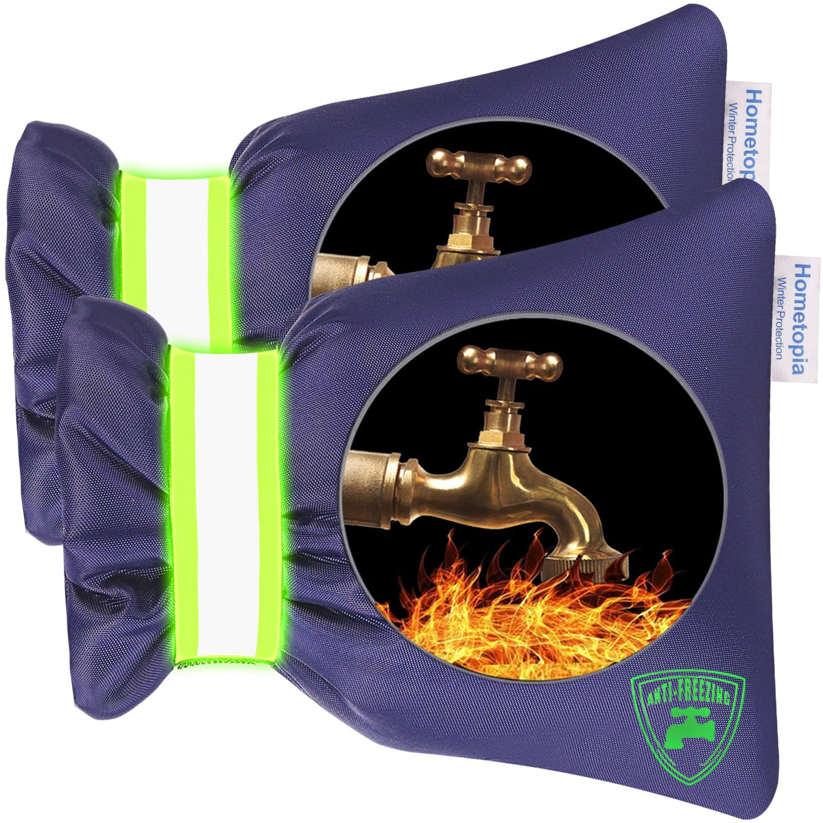Hometopia blue faucet covers, front view, shield spigots from winter freezes.