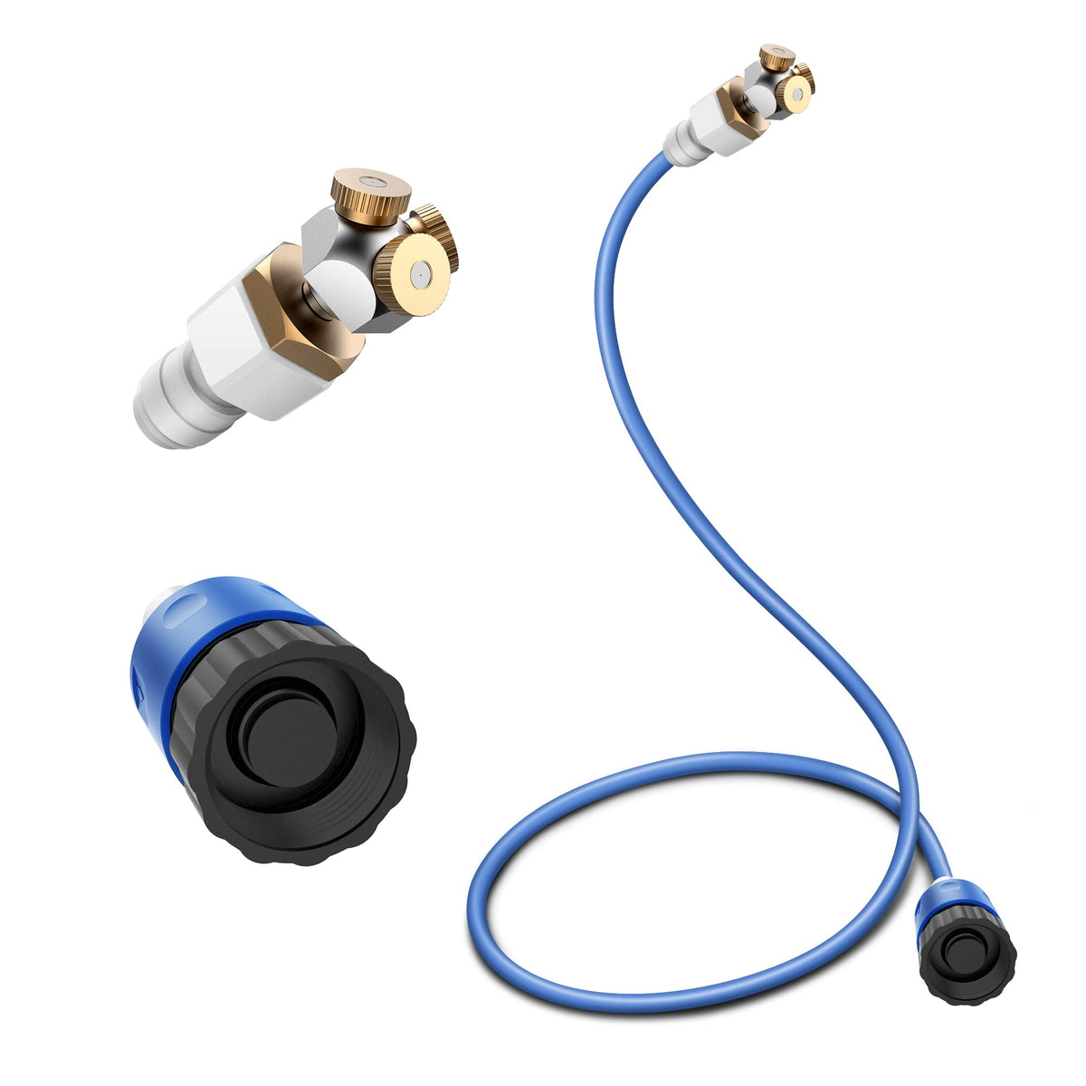 Homeyeco outdoor patio misting system setup with 3 brass nozzles for wide cooling coverage.