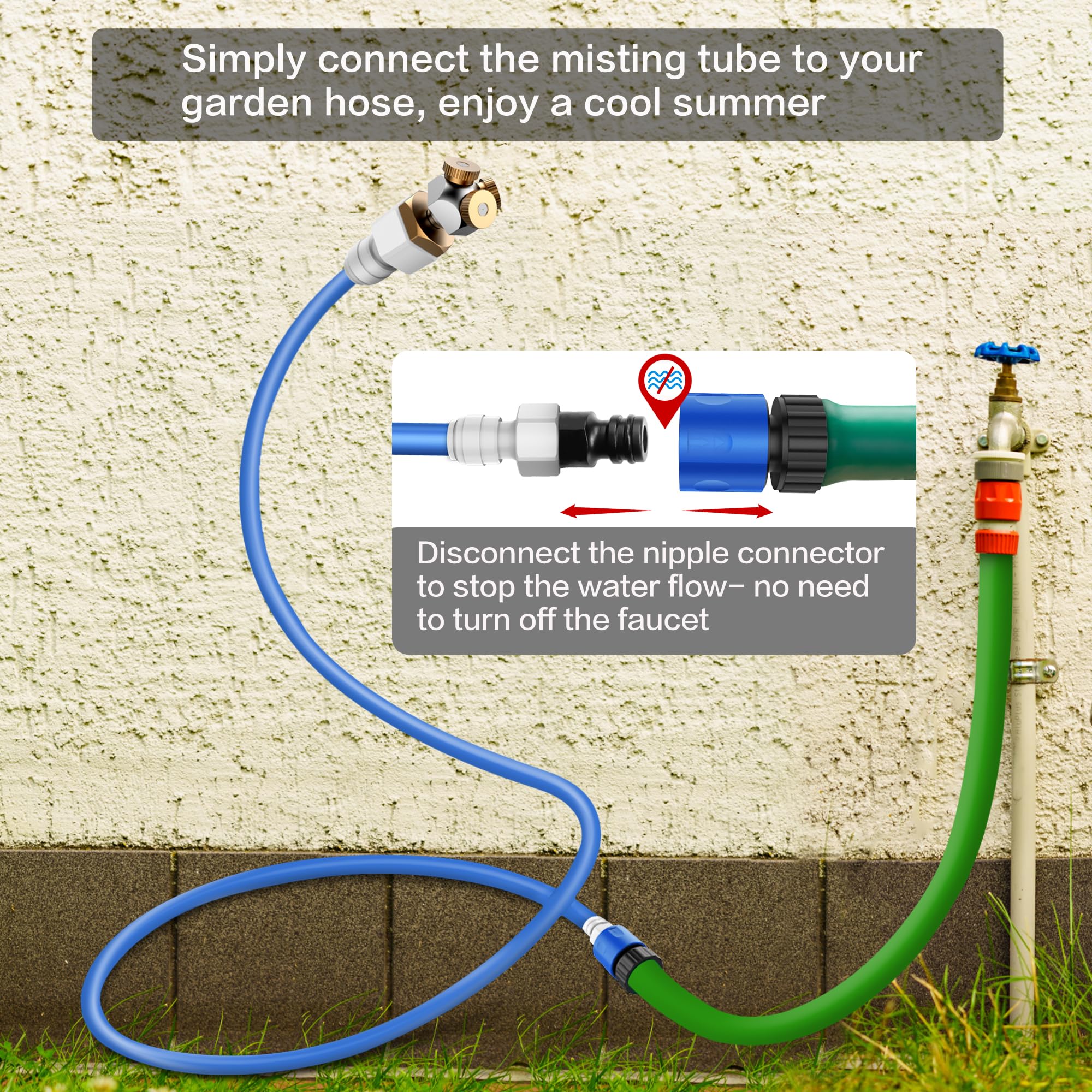 Homeyeco misting system using quick-connect fittings for fast setup.