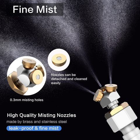 Homeyeco misting system showing three brass nozzles for broad mist reach.