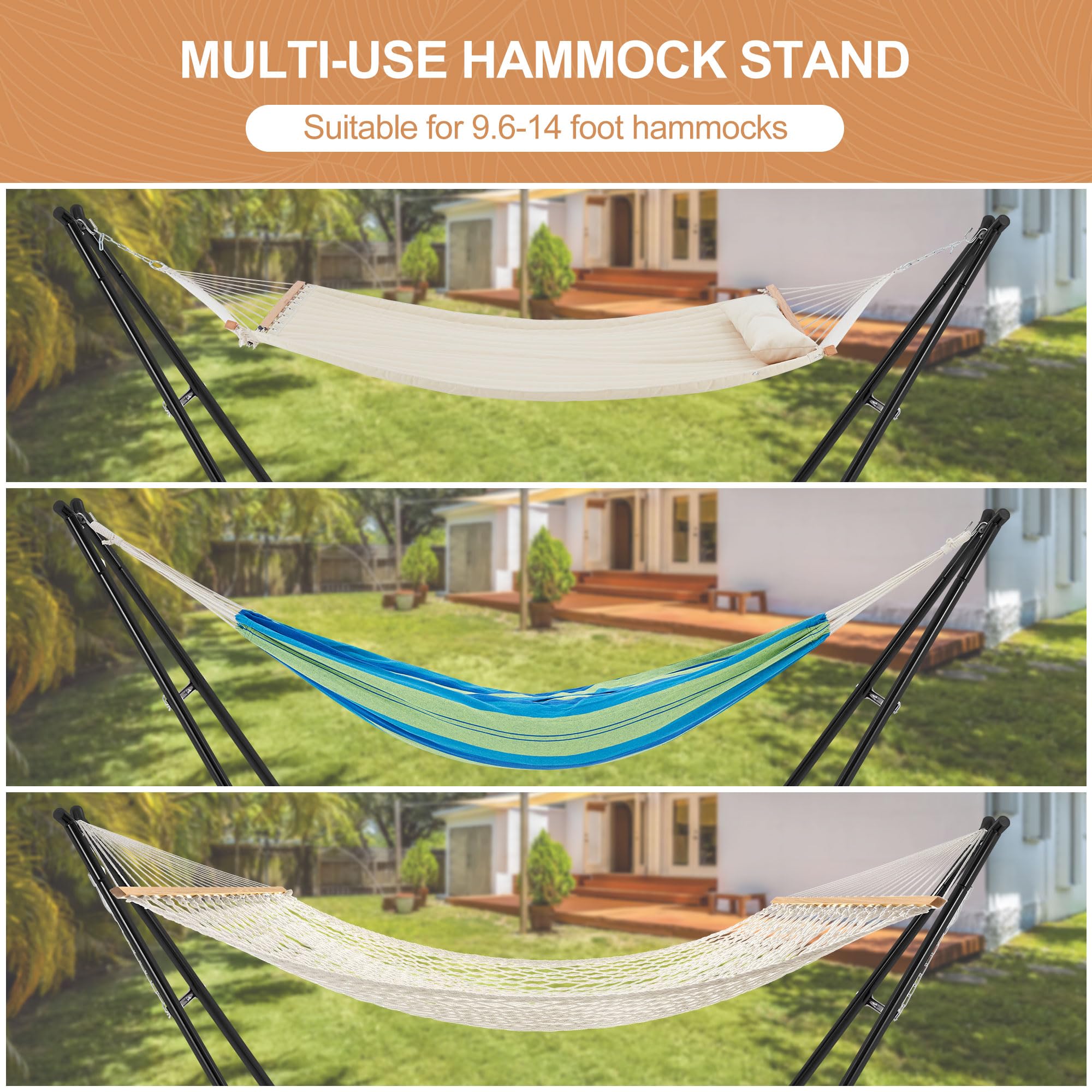 Homgava hammock stand features tool-free assembly for quick setup.