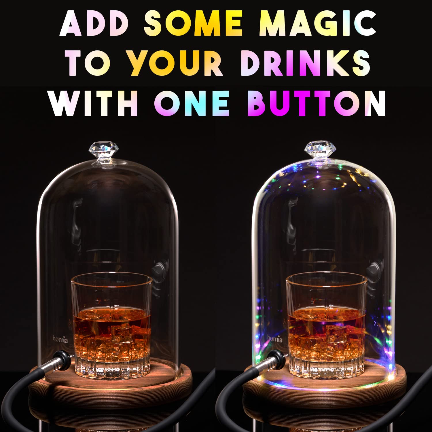 Homia dome smoke inside a cocktail shot, showcasing quick aromatic flavor enhancement.