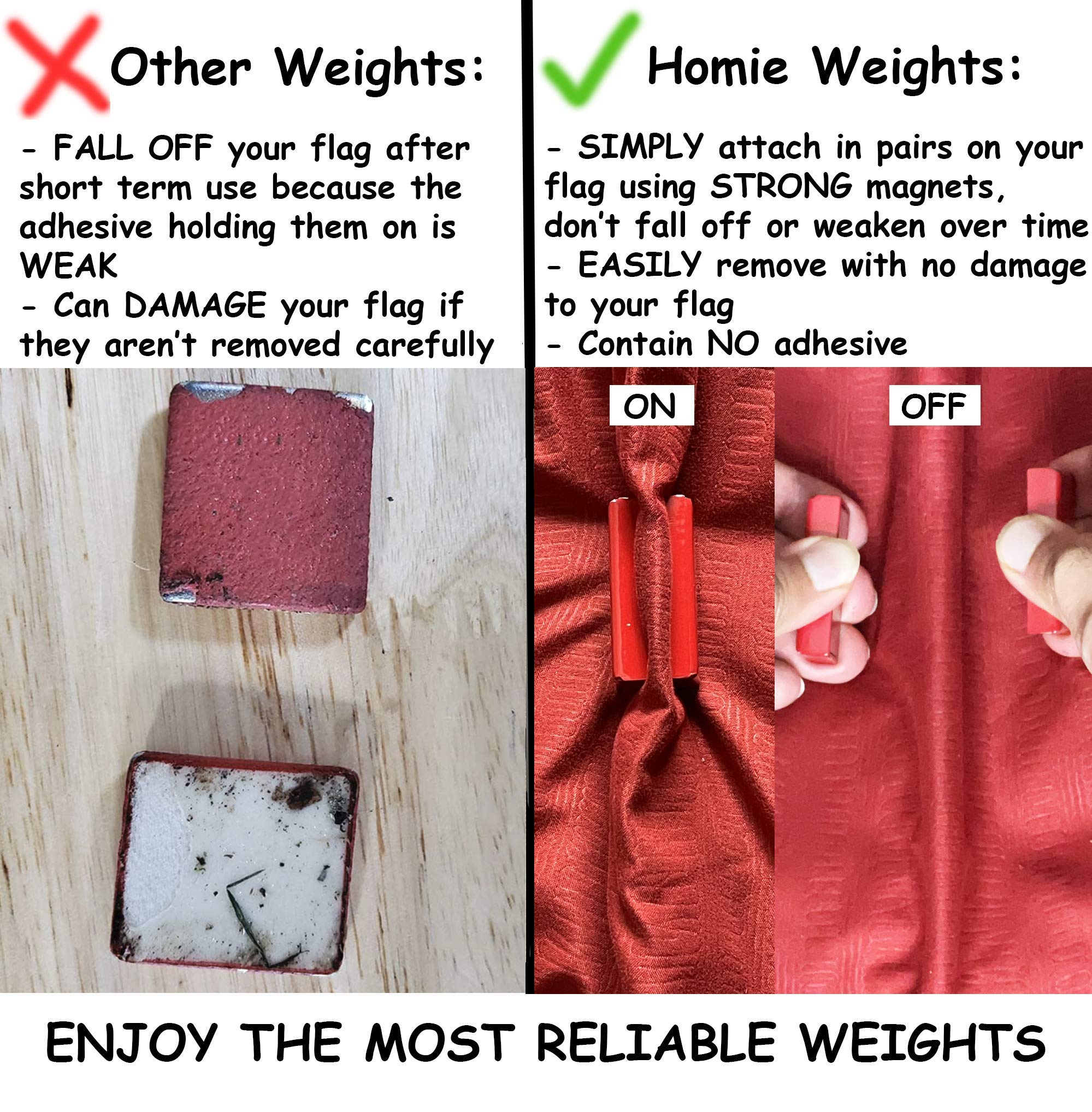 Red Homie design magnets prevent tangles in windy conditions.