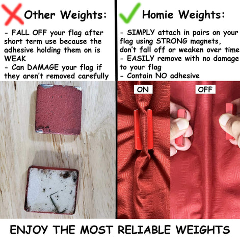 Red Homie design magnets prevent tangles in windy conditions.