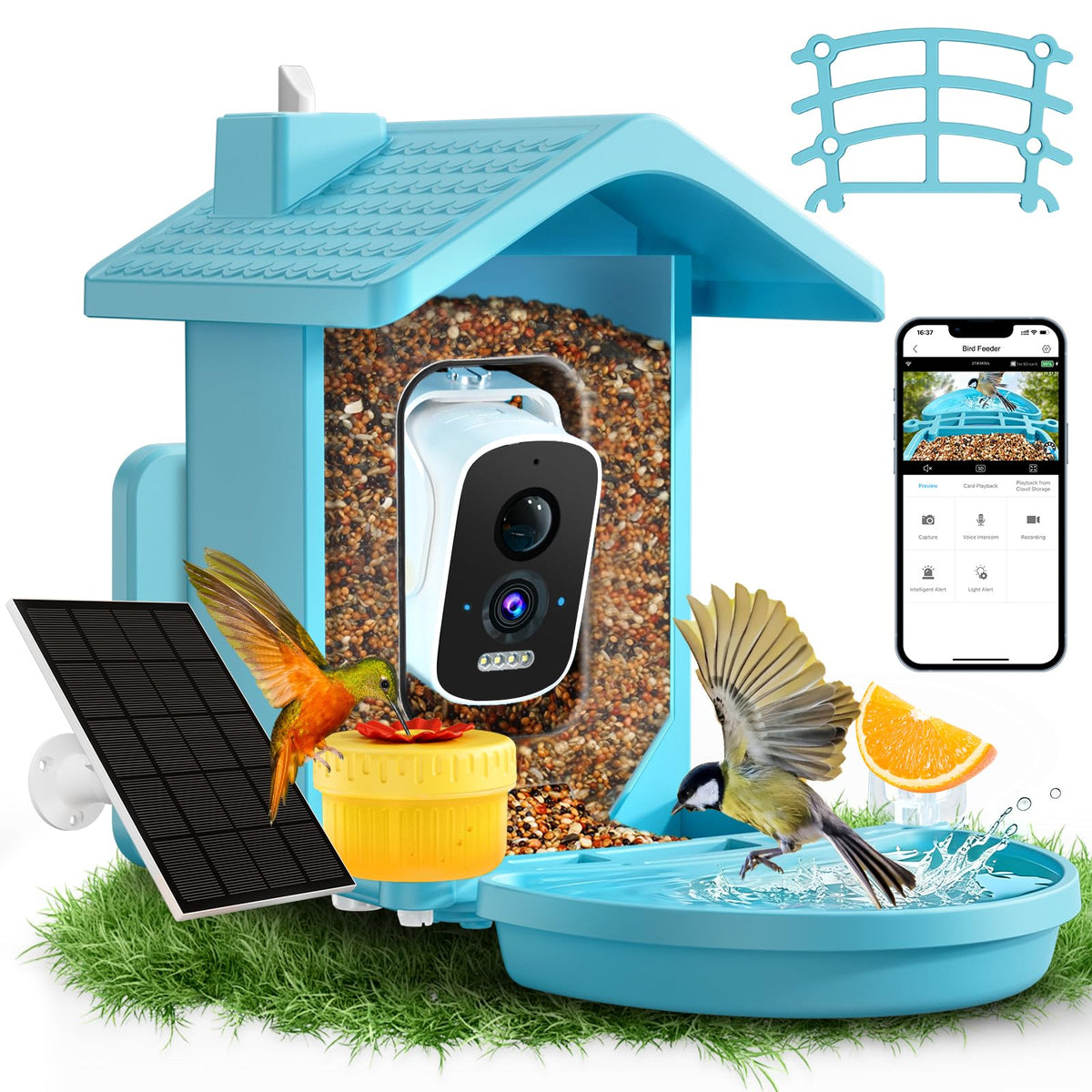 Homiefans smart bird feeder camera front view shows active visitors outdoors