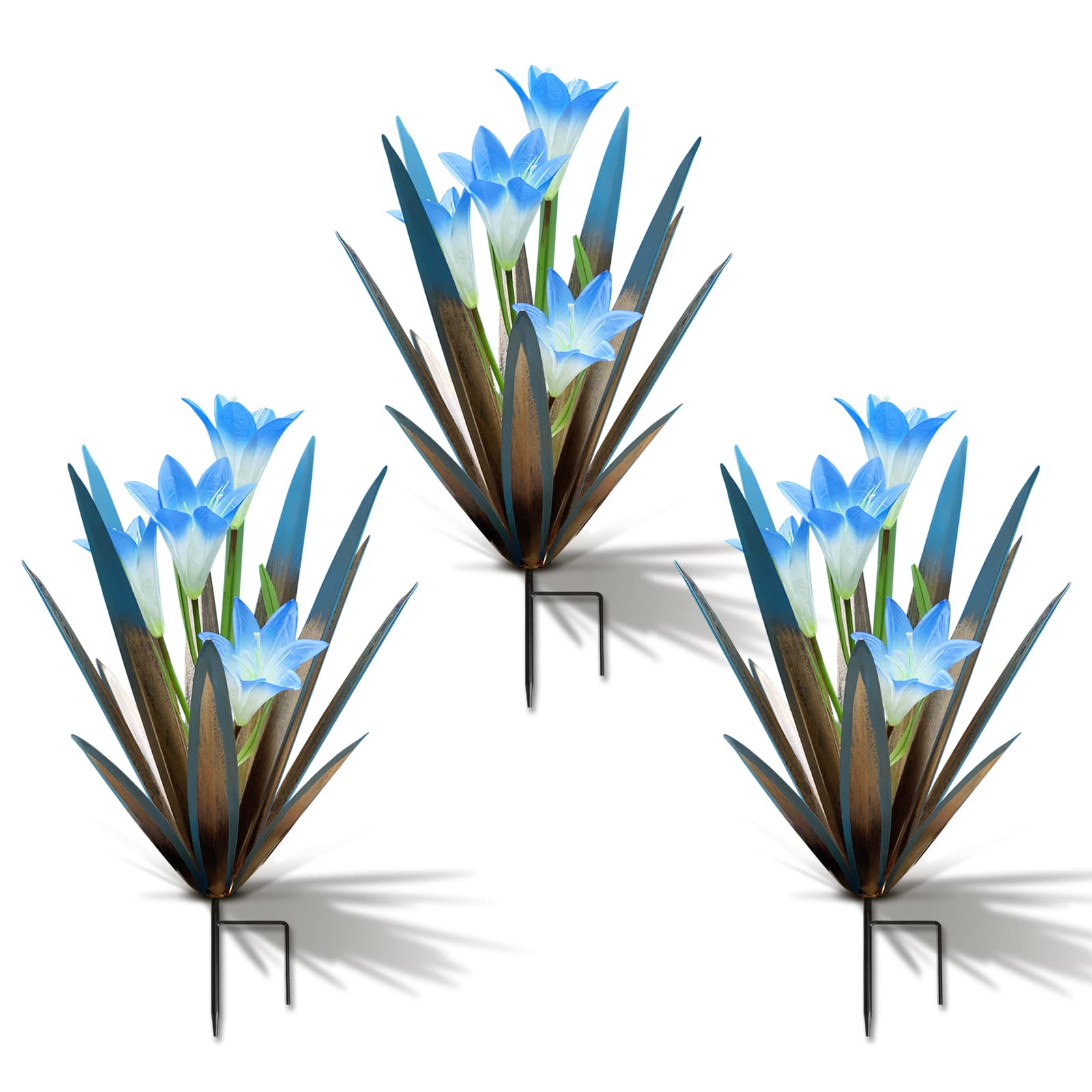 Homight metal agave plant outdoor decor with blue lily flowers.