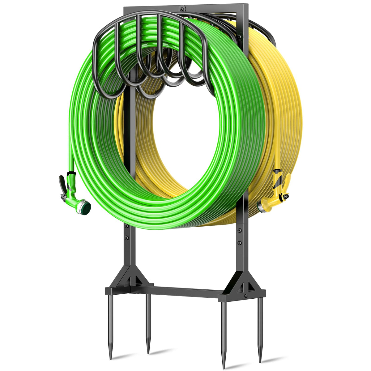 HOMIJIABRO garden hose holder keeps two 150ft hoses neatly stored outdoors