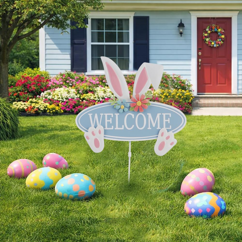 HOMirable Easter bunny garden stake welcomes guests with a cheerful spring vibe.