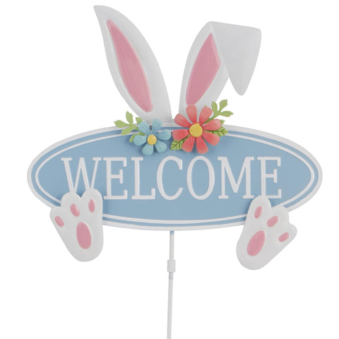 HOMirable welcome bunny sign adds curb appeal to outdoor porch area.