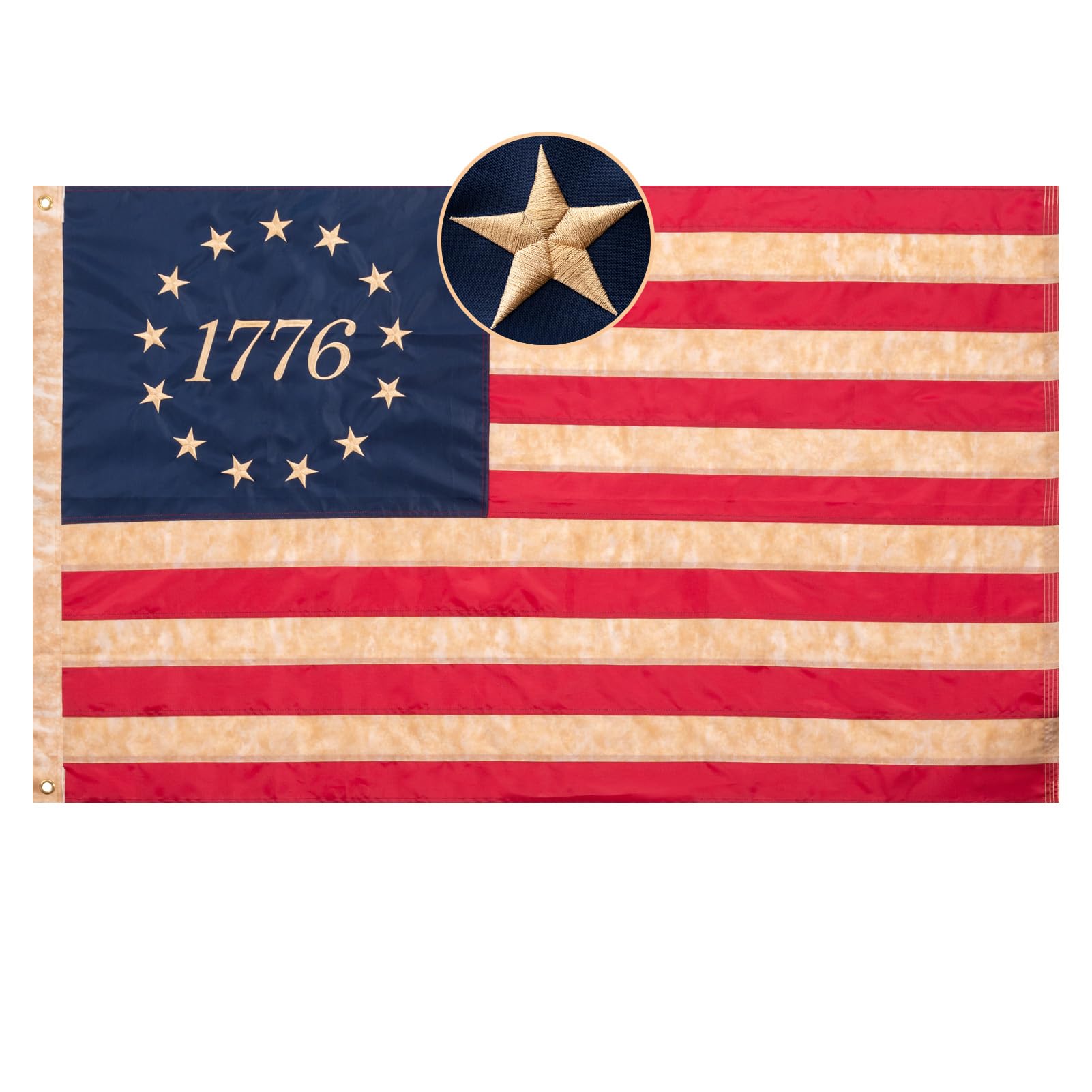 Homissor 1776 Betsy Ross flag with tea-stained finish ready for outdoor display