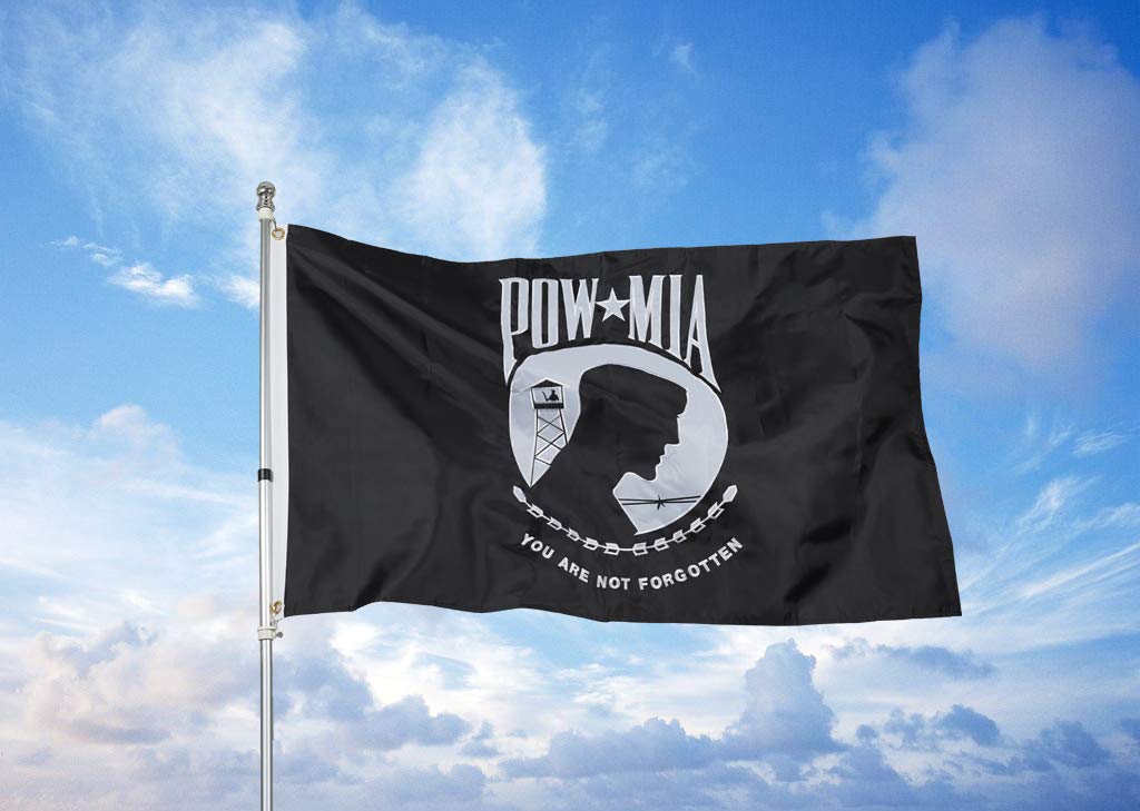 Homissor POW MIA flag hanging in a window for display