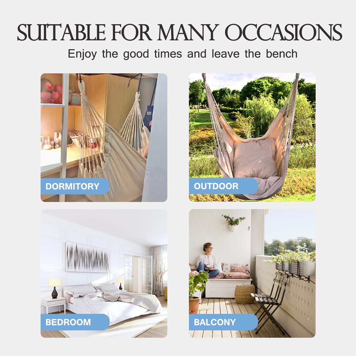 Hommtina hammock chair installation shows simple hanging between two trees.