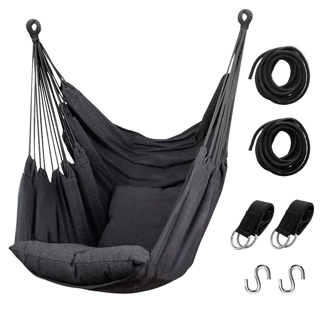 Hommtina hammock chair outdoors in setup with built-in pocket for essentials.