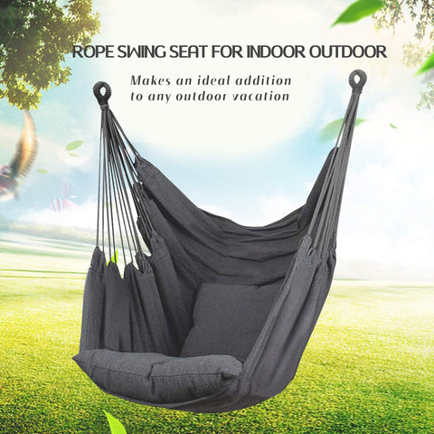 Hommtina hammock chair on a patio highlighting a durable cotton weave.