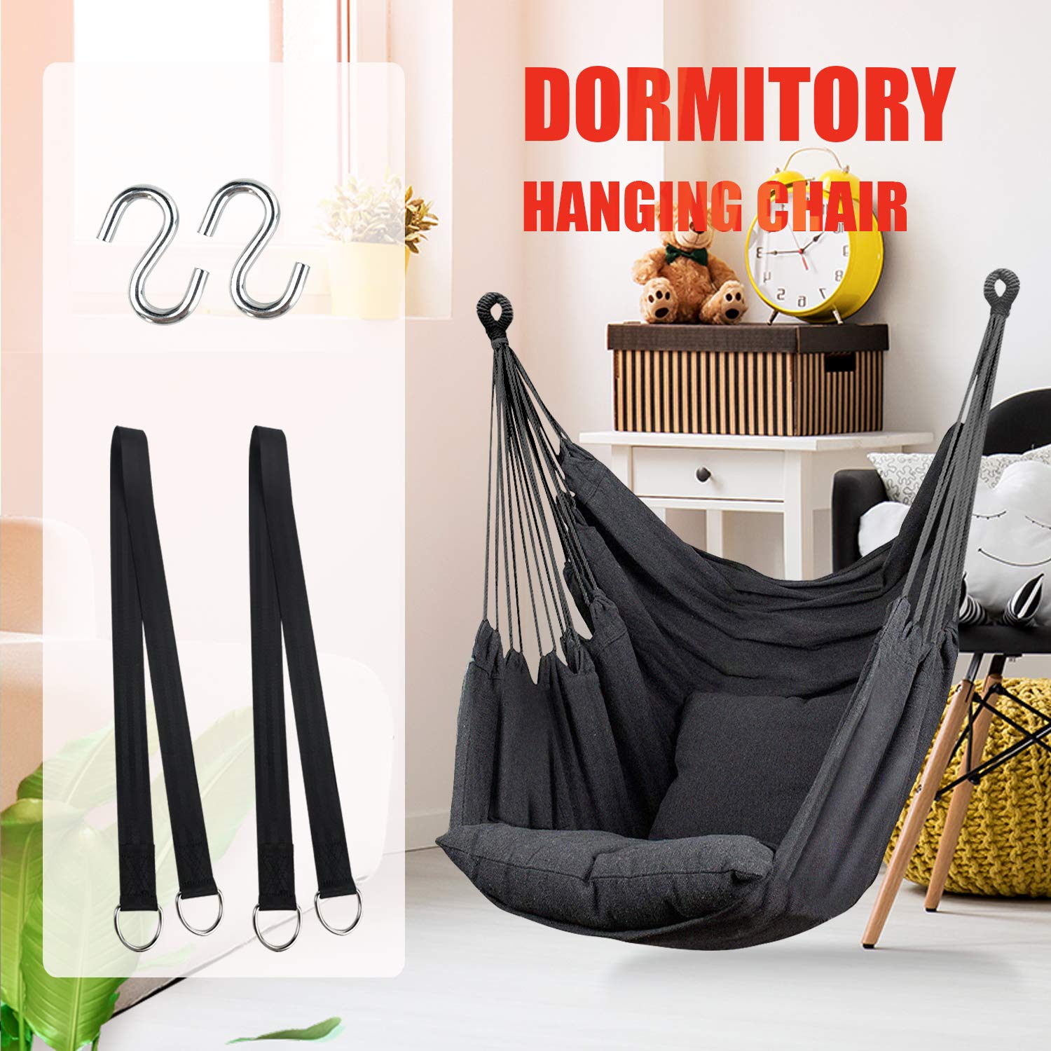 Hommtina hammock chair with pocket ready for books and phones.