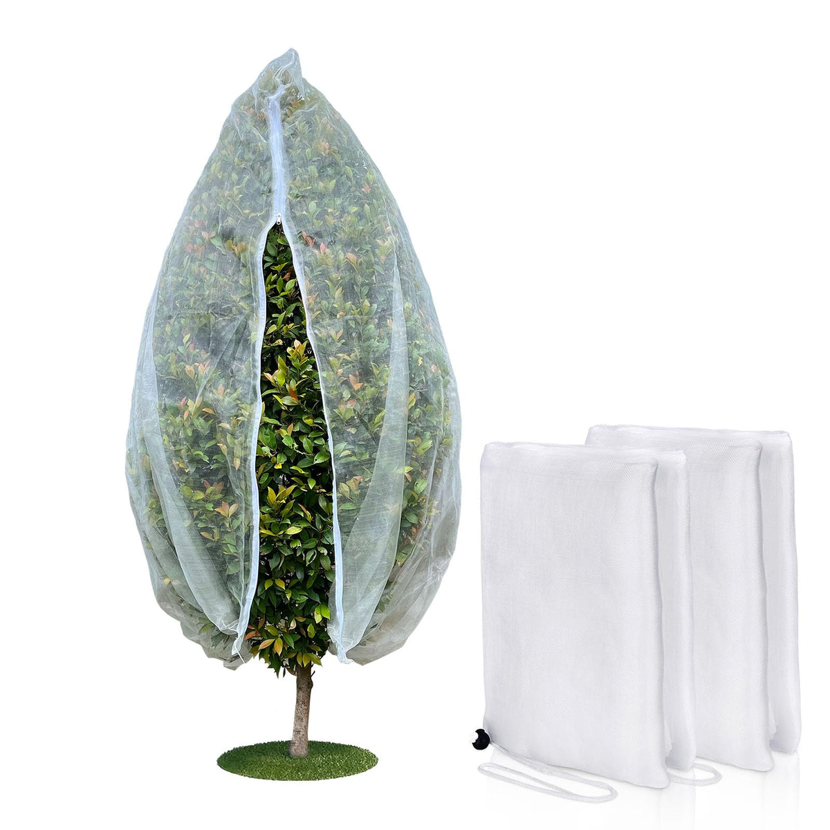 Homoda fruit tree netting cover with zipper and drawstring protects trees from birds.
