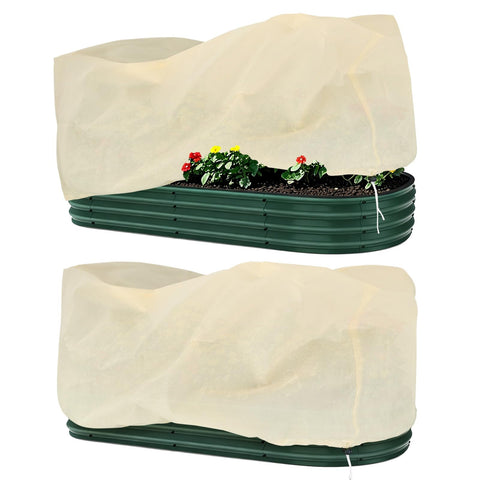 Homoda plant covers on a raised bed offer frost protection for vegetables