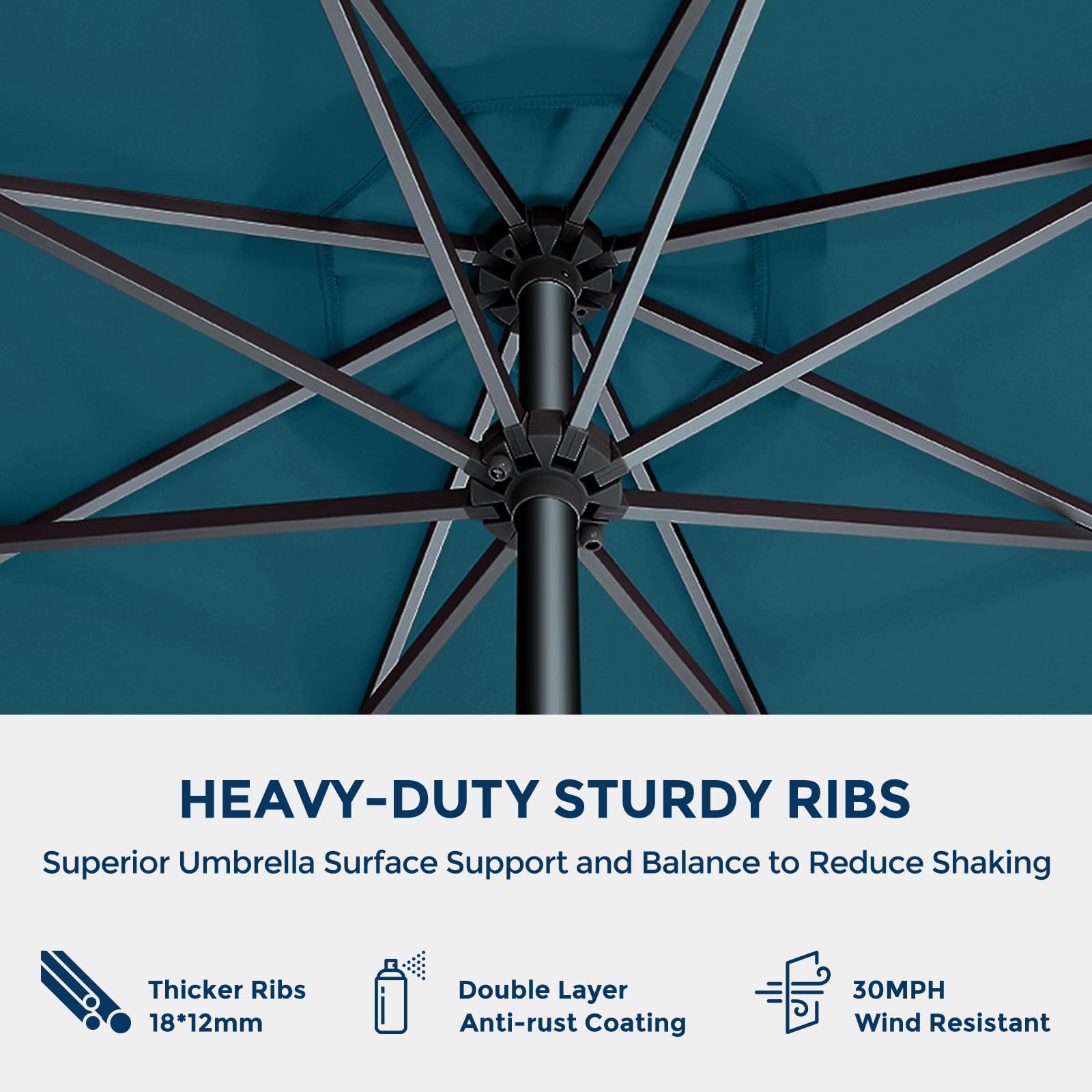 HOMSHADE 9ft umbrella with 8 ribs provides sturdy balance.