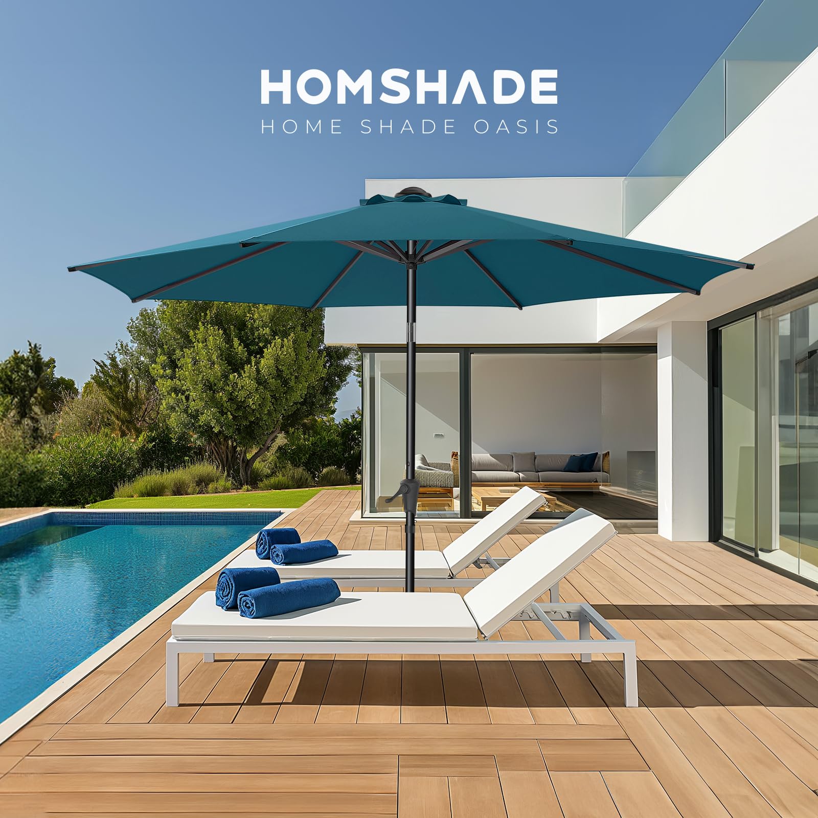 HOMSHADE Peacock blue 9ft patio umbrella ready for patio or deck.