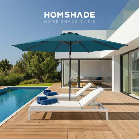 HOMSHADE Peacock blue 9ft patio umbrella ready for patio or deck.