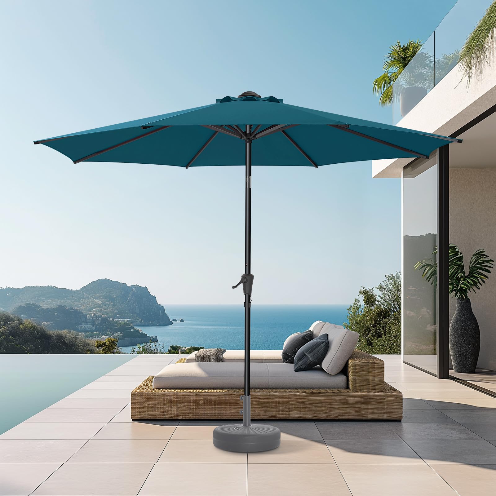 HOMSHADE 9ft umbrella canopy in peacock blue demonstrates fade resistance.
