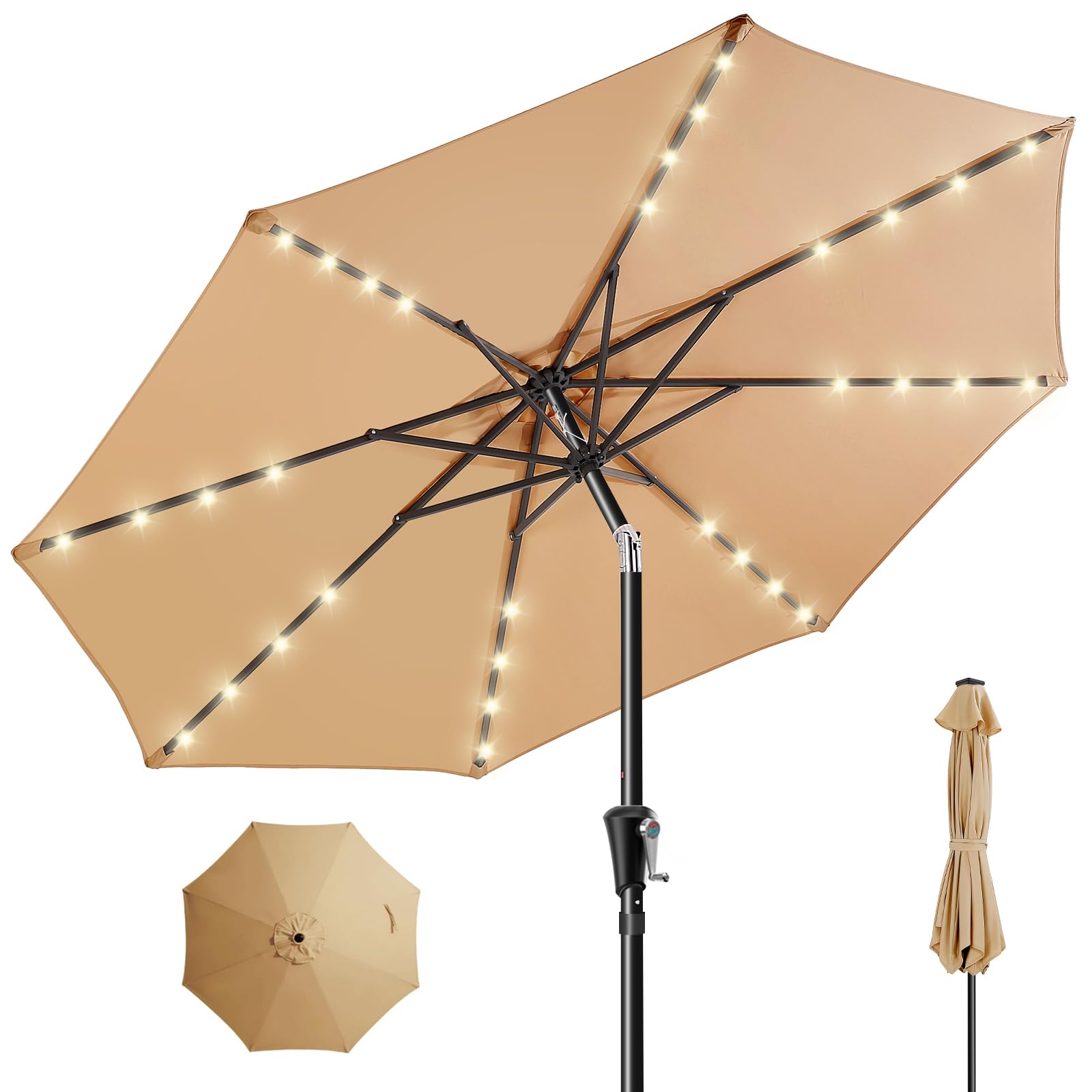 HOMSHADE 9ft solar patio umbrella viewed from the front, providing shade for outdoor gatherings