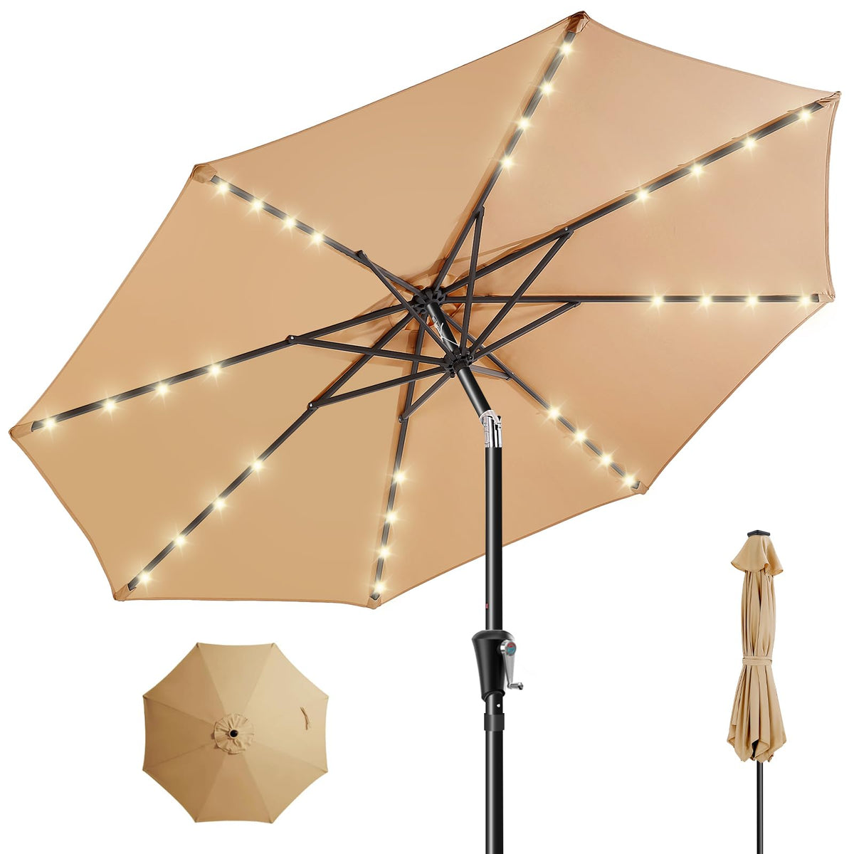 HOMSHADE 9ft solar patio umbrella viewed from the front, providing shade for outdoor gatherings