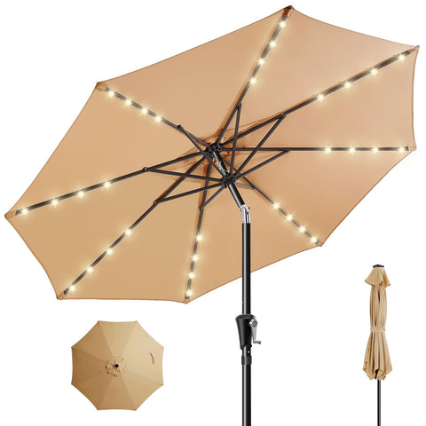 HOMSHADE 9ft solar patio umbrella viewed from the front, providing shade for outdoor gatherings